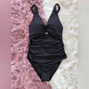 Black One Piece Ruched Cutout Swimsuit with Twisted Top